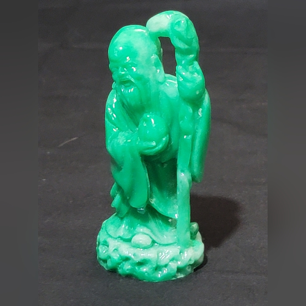 Vintage Chinese God Sau, a domed head and carrying a peach and walking stick